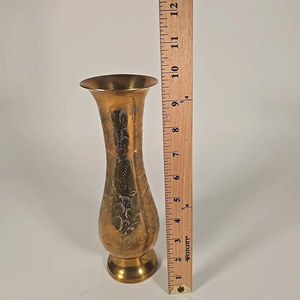 Vintage Solid Brass Vase India Made Etched Floral Design Gold Ornate 10Inch Tall